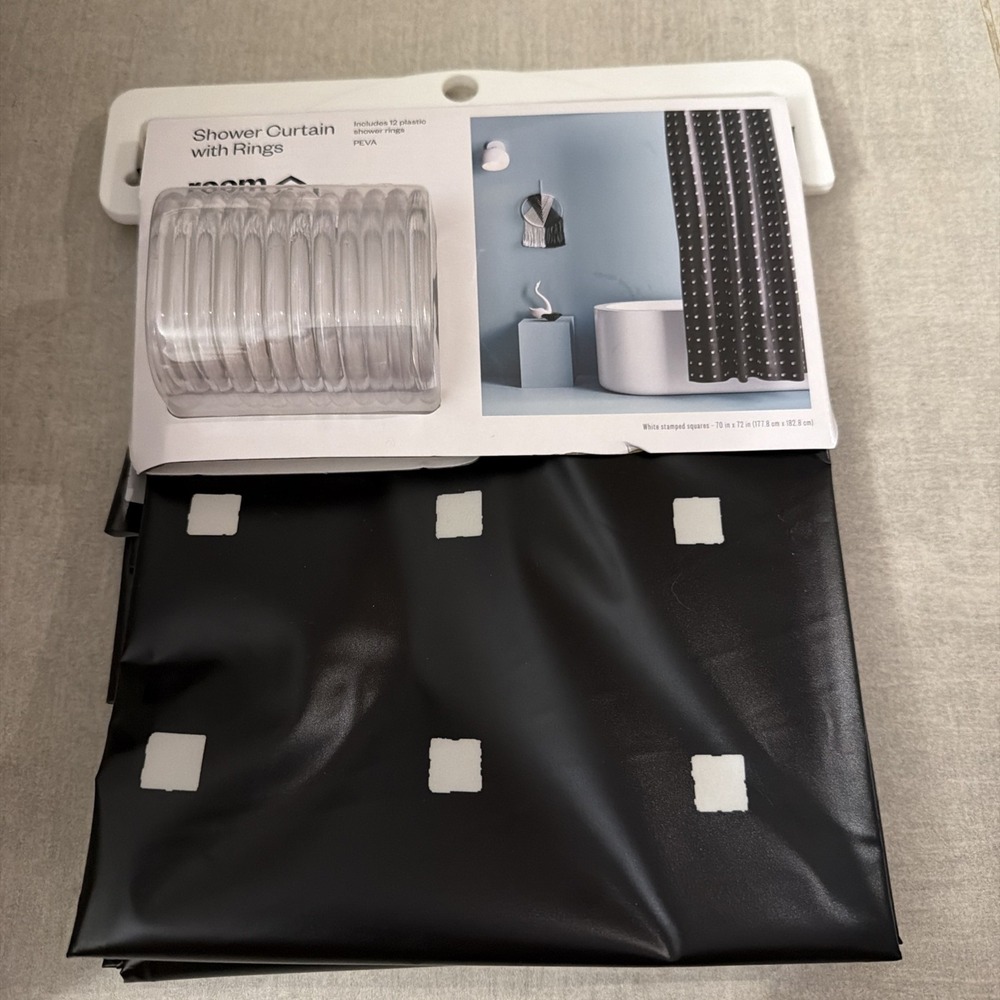 Room Essentials Shower Curtain Set Black White Stamped Squares PEVA with Rings